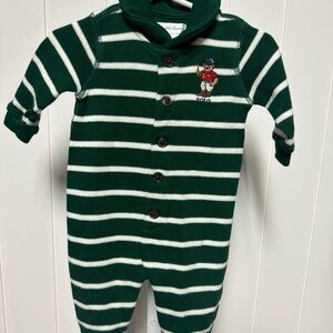 PolRalph Lauren Green Striped Kids One Piece with bear